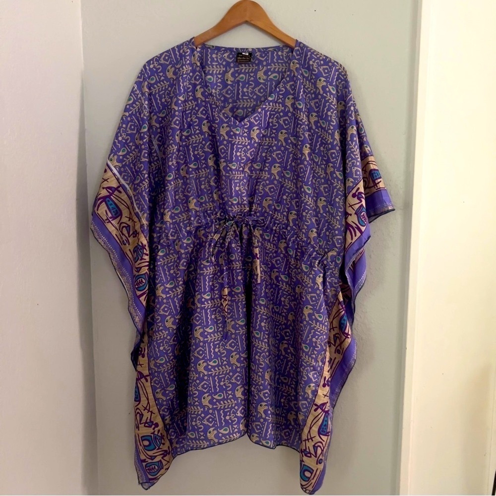 Whose Sari is Now Women’s Sz L Silk Kaftan Dress Artsy Boho Patterned Purple - Picture 2 of 7